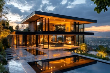Obraz premium Modern luxury home exterior with illuminated glass walls at sunset
