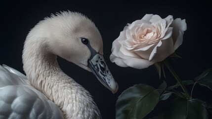 Obraz premium A graceful swan bows its head near a delicate pink rose, embodying a serene and elegant composition.
