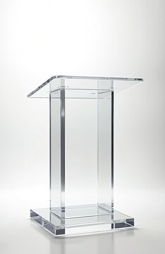 Clear acrylic lectern on white background. Modern transparent podium for presentations speeches. Acrylic dais stage platform for conferences lectures. Lightweight, hard-wearing, professional design.