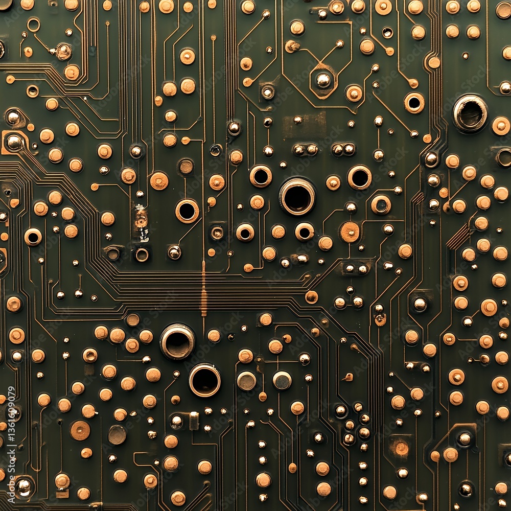 Poster close up detailed view of a green circuit board with copper traces and components
