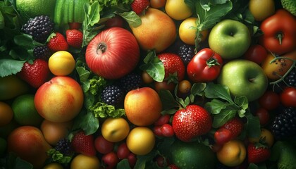 A colorful and diverse collection of fresh fruits and vegetables, showcasing nature's bounty and promoting healthy living.
