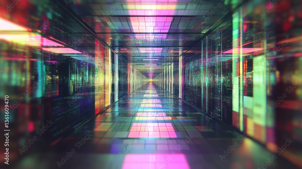 Poster abstract digital corridor with colorful shimmering light patterns and effects