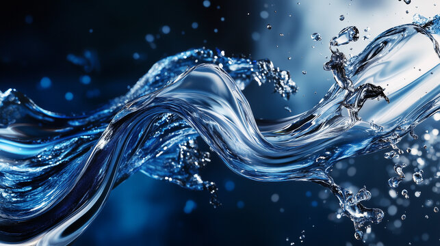 Cool metallic blue splash liquid water wave on dark black background.