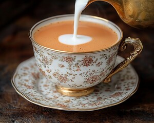 Pouring milk into ornate teacup, steaming hot beverage, antique golden pot, dark wooden table