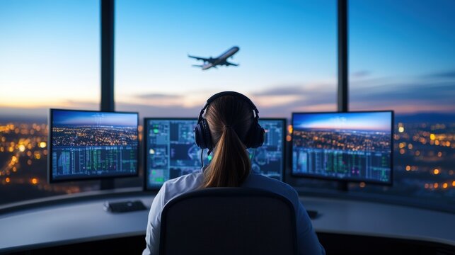 A person monitors multiple screens in an airport control tower, overseeing air traffic against a backdrop of a city skyline at dusk.