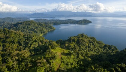 Obraz premium Panoramic view of a lake nestled in lush green mountains
