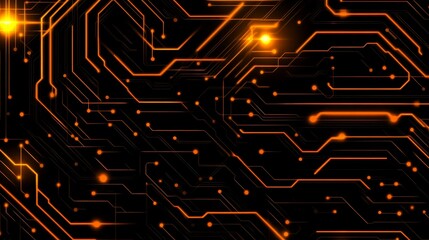 Abstract representation of a circuit board with glowing orange lines and light on a black background