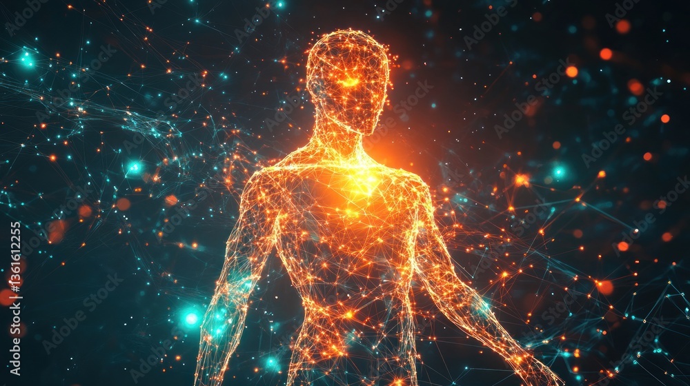 Poster artificial intelligence human form glowing in a digital network environment