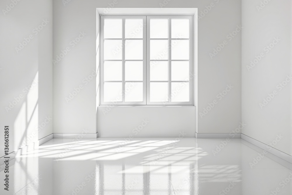 Aufkleber empty white interior with large window casting soft shadows on glossy floor, creating a bright and m