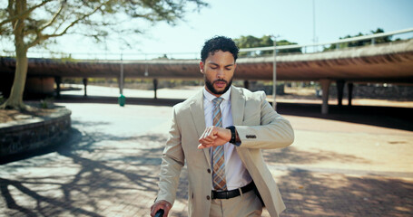 Outdoor, businessman and hurry with clock for time, morning commute and late for justice meeting. Travel, male lawyer and check with watch for case schedule, urgent deadline and walking to workplace