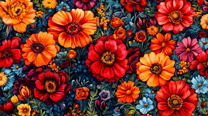 Colorful flowers and foliage create vibrant pattern