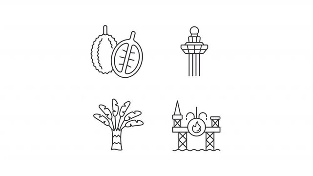 Singapore culture animation set. Asian country traditions discovery animated line icons. Exotic landmarks. Black illustrations on white background. HD video with alpha channel. Motion graphic