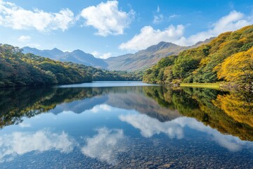 Fototapeta premium A tranquil lake surrounded by mountains, with the reflection of trees and the sky, but the presence of dangerous wildlife lurking just beneath the water's surface