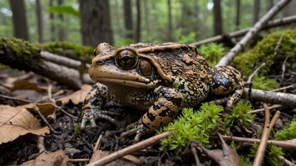 Fototapeta premium Hidden in Nature: North American Toad Blending with Fallen Branches and Twigs