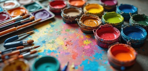 Colorful art supplies arranged on craft table. Watercolor paint, acrylic, brushes, palette, colors splashed. Creative art tools for painting, drawing, artistic expression. Painting, drawing art class