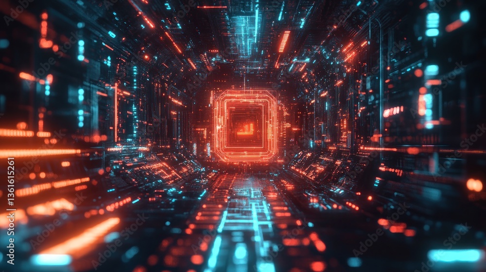 Poster futuristic technology: a digital tunnel of glowing lines, data streams, and interconnected networks