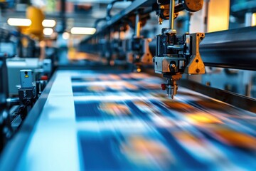 Fototapeta premium A high-tech printing machine in operation, showcasing vibrant colors and motion as it processes large sheets of material.
