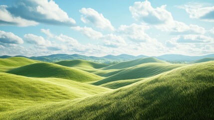 Fototapeta premium Lush green hills under a blue sky with rolling clouds in a serene landscape