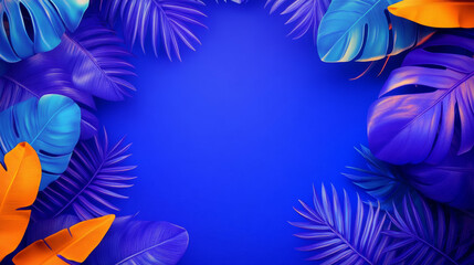 Vibrant tropical leaves on blue background