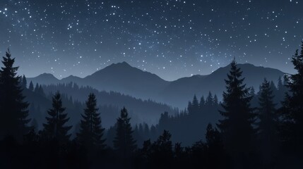 Fototapeta premium Starry night sky above misty mountain forest with silhouetted trees