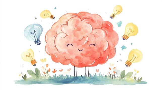 A whimsical illustration of a smiling pink brain surrounded by colorful light bulbs, symbolizing ideas and creativity in a vibrant, cheerful style.