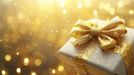 Golden Gift Box with Bow and Bokeh Background.