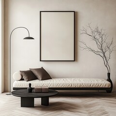 Modern living space with beige daybed, circular wooden table and arched floor lamp under curtain-filtered natural lighting