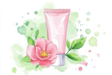 A pink cosmetic tube surrounded by a pink flower and green splashes, showcasing a fresh and natural beauty theme.