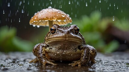 Fowler's Toad Resting Under a Large Mushroom as Gentle Rain Drops Off the Cap