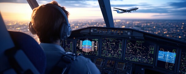Fototapeta premium A pilot in a cockpit controls a plane flying over a city at sunset, surrounded by advanced instruments and displays.