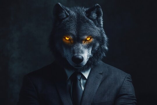 Powerful wolf in business suit with glowing eyes conveys corporate greed