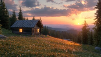 Serene sunset over a mountain cabin surrounded by lush greenery and flowers