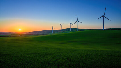 A peaceful countryside with rolling hills, lush fields, and spinning wind turbines. The sunset casts a golden glow, highlighting nature's harmony with renewable energy.
