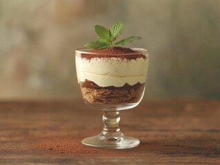 Classic Tiramisu Dessert in Glass with Mint
