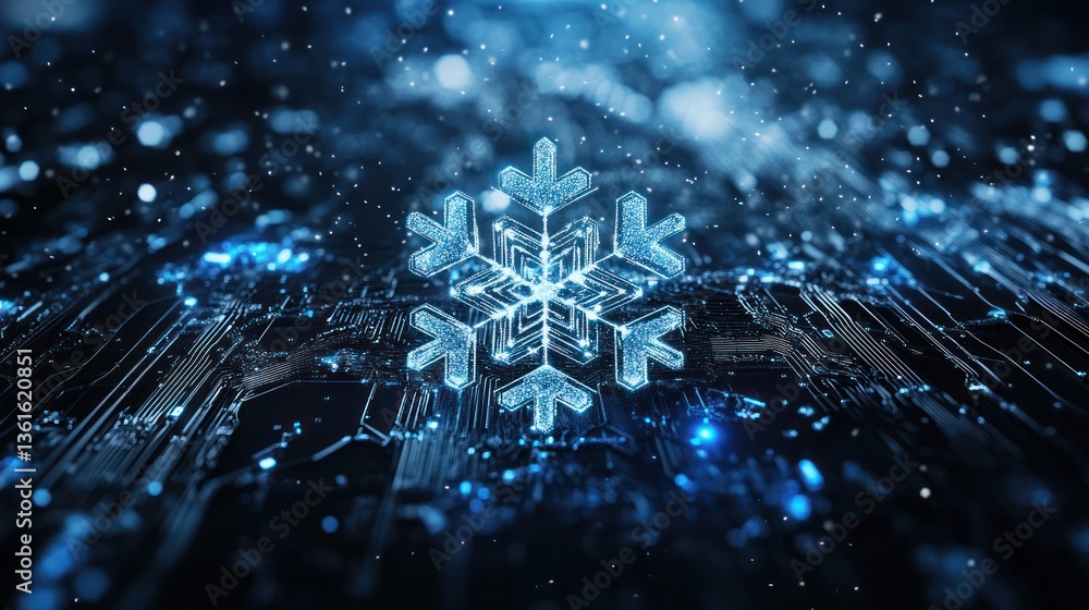 Poster digital snowflake on circuit board, technology background, for use in presentations, tutorials, or a