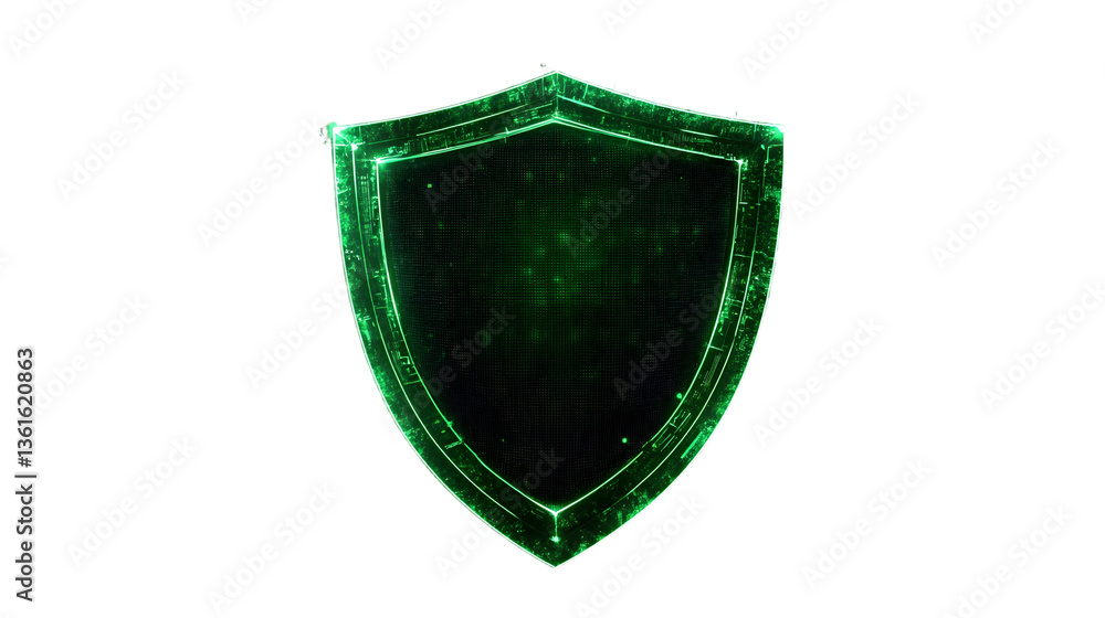 Poster a green cyber security shield icon glowing on a black background with digital data and network conne