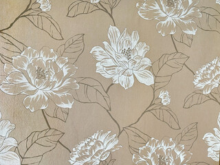 Close up of white peony flower illustration with leaves and branches, with brass gold background....