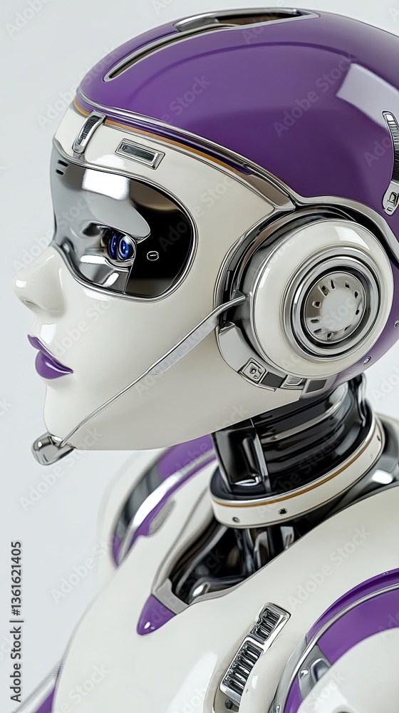 Poster futuristic robot head features intricate purple details, showcasing advanced technology in a minimal