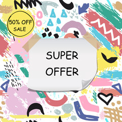 Big sale banner. Special offer price label design. Super Sale promotion banner template. Doodle background. Vector Illustration.