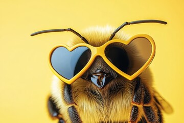 Playful bee wearing heart-shaped sunglasses outdoor setting close-up photography vibrant yellow background
