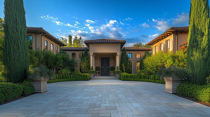 Obraz premium Elegant Luxury Home Entrance with Blue Sky and Outdoor Landscape, Soft Natural Lighting, Serene Composition