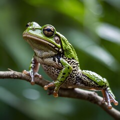 Cuban Tree Frog in Mid-Jump, Captured in Motion with a Blurred Tropical Forest Backdrop