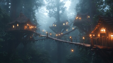 A mythical treehouse village in a redwood canopy with rope bridges lit by lanterns, misty lower third, offering an enchanting, natural retreat perfect for adventure and nature lovers.
