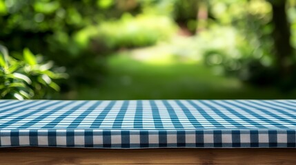 Dynamic depth-of-field composition featuring gingham table linen on soft-focus meadow background, ready-to-use mockup for beverage packaging design, outdoor wedding stationery, and gourmet catering ad