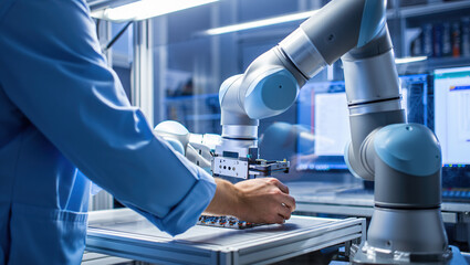 A high-tech workspace shows a human and cobot collaborating on complex tasks, with advanced sensors and flexible arms, emphasizing AI-human synergy in modern industries.