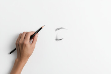 Artist hand drawing closed eye with pencil on white paper