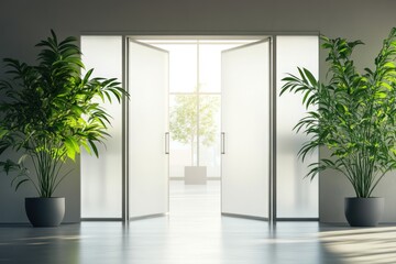 Obraz premium Office entrance, open doors, plants, sunlight, modern interior, workspace