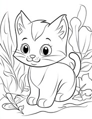 Fototapeta premium Cute Kitten in Garden: An endearing illustration of a playful kitten perched in a garden, surrounded by lush foliage and capturing a sense of innocent charm and playful spirit.