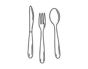spoon, fork and knife icon doodle hand drawn. Outline drawing spoon, fork and knife line clipart symbol