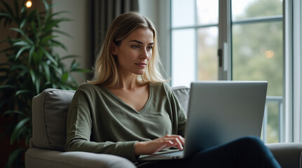 Young woman sitting on a couch using a laptop, focused on work. Natural light from window, indoor plants add coziness. Remote work concept